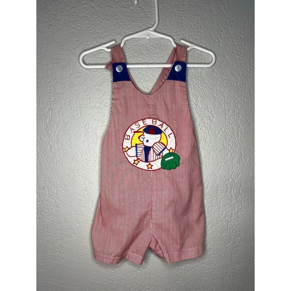 Vintage 90s Baby Baseball Overalls 18 Months Summer Sports Embroidered Bear - Picture 1 of 5